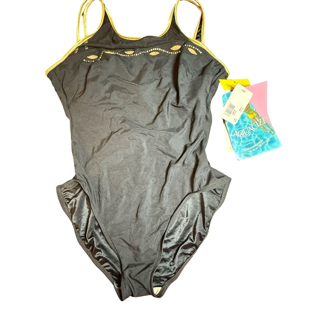 VTG Robby Len Aquacize Longitude‎ Swimsuit Womens 16T Black Gold Chlorine Resist